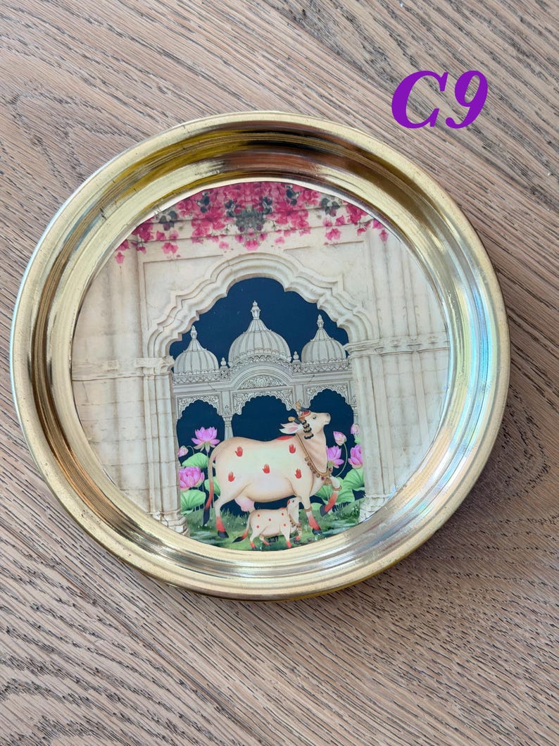 6” Handmade Brass Pooja Thali USA | Pichwai Cow Art | Indian Puja Plate | Diwali Gift | Wedding Return Gift Bulk C9