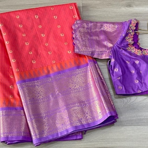 Gadwal Semi Pattu Silk Saree with Stitched Maggam Work Blouse | Ready to Wear Indian Saree Set | Wedding, Festive, Party Wear