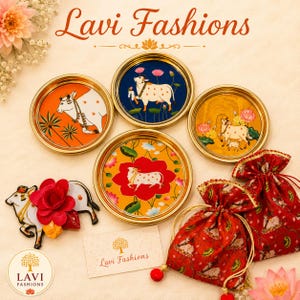 Pichwai Cow Return Gift Set USA | Brass Plate + Potli Bag + Haldi Kumkum | Indian Wedding Thamboolam Favor Bulk | Housewarming Gift