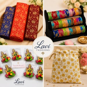May include: A collage of Indian textiles, bangles, and decorative items. Rolled fabric in blue, red, and maroon with gold patterns. Colorful bangles on a black display stand. Small deity figurines and a drawstring bag with a floral print.