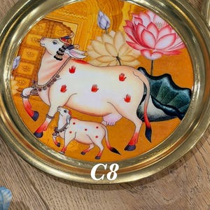 Brass Pooja Thali 8 Inch | Pichwai Cow Puja Plate | Indian Aarti Thali | Diwali Housewarming Gift | Wedding Return Gift Bulk USA C8
