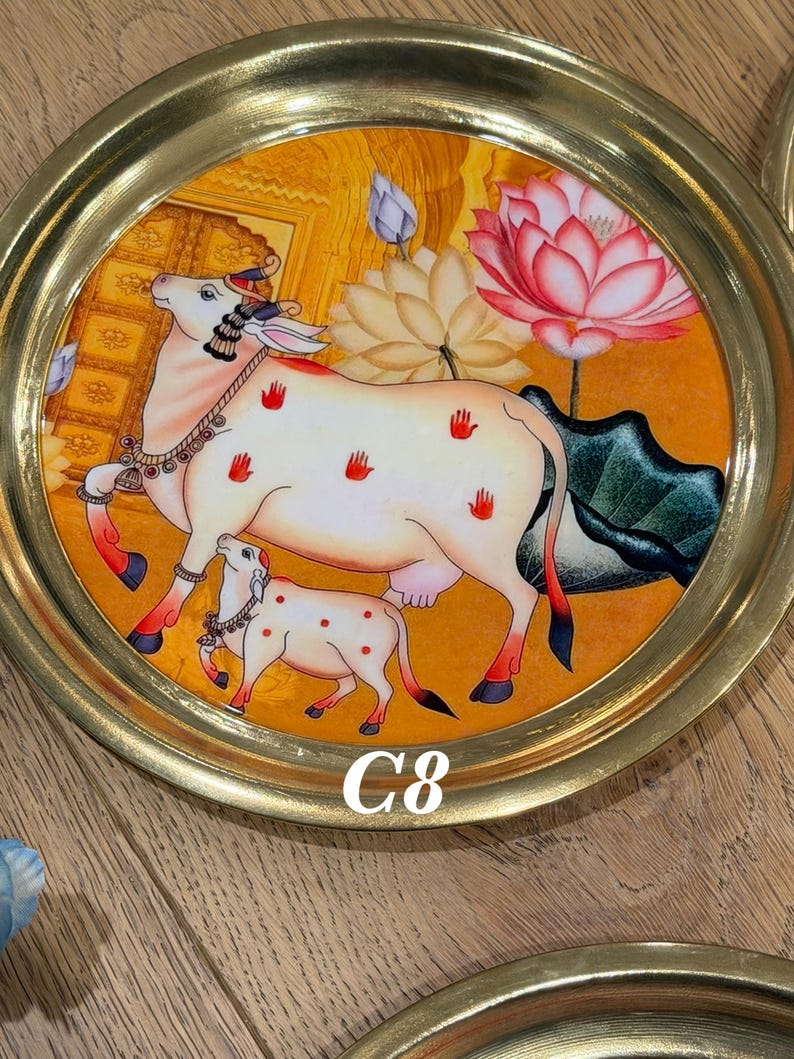 Brass Pooja Thali 8 Inch | Pichwai Cow Puja Plate | Indian Aarti Thali | Diwali Housewarming Gift | Wedding Return Gift Bulk USA C8