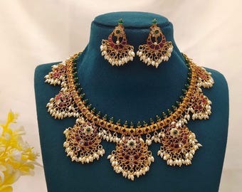 Indian Real Kempu Stones Necklace With Earrings