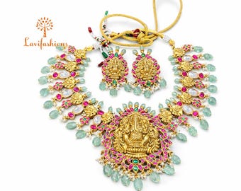 Antique Gold Ganesh Temple Necklace Set, Mint Green Beads, South Indian Bridal Jewelry