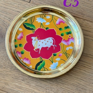 6” Handmade Brass Pooja Thali USA | Pichwai Cow Art | Indian Puja Plate | Diwali Gift | Wedding Return Gift Bulk C5