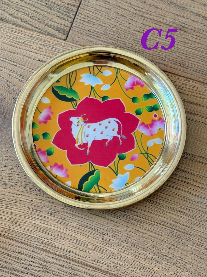6” Handmade Brass Pooja Thali USA | Pichwai Cow Art | Indian Puja Plate | Diwali Gift | Wedding Return Gift Bulk C5