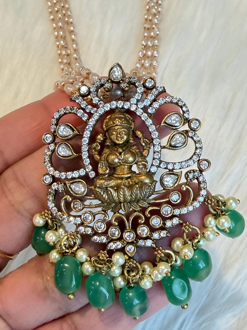 Rice Pearls Multi-strand Temple Necklace Set With Lakshmi ...