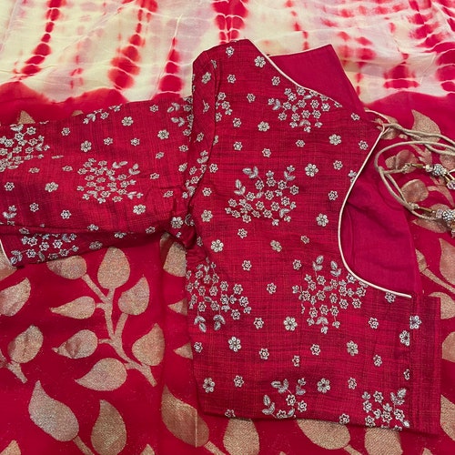 Ethnic Women pure georgette shibori Saree shops with stitched blouse/ festive/ casual/ party wear/ blouse