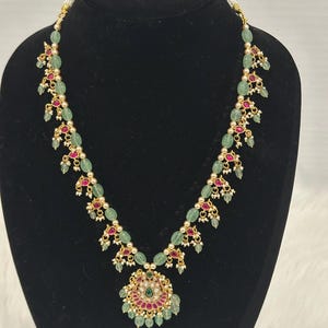 Trendy Jadau Kundan Small Necklace with Ruby Stones & Mint Green Beads | Elegant Indian Jewelry for Women