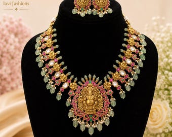 Antique Gold Ganesh Temple Necklace Set, Mint Green Beads, South Indian Bridal Jewelry
