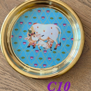 6” Handmade Brass Pooja Thali USA | Pichwai Cow Art | Indian Puja Plate | Diwali Gift | Wedding Return Gift Bulk C10