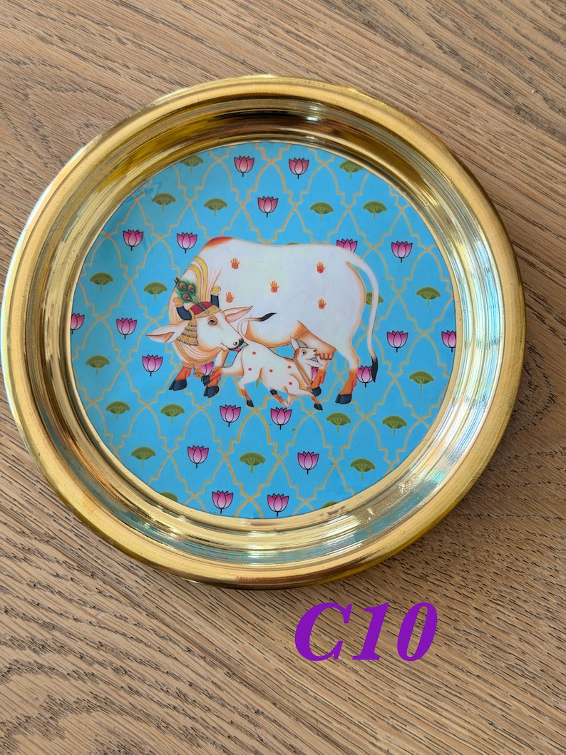 6” Handmade Brass Pooja Thali USA | Pichwai Cow Art | Indian Puja Plate | Diwali Gift | Wedding Return Gift Bulk C10