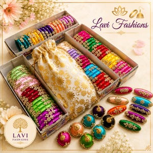 May include: A collection of multi-colored silk thread bangles decorated with gold-toned floral embellishments and clear stones. The set includes rectangular boxes filled with rows of bangles, a gold and white floral drawstring pouch, and loose oval-shaped pieces.