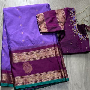 Gadwal Semi Pattu Silk Saree with Stitched Maggam Work Blouse | Ready to Wear Indian Saree Set | Wedding, Festive, Party Wear