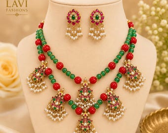 Indian Jewelry Set, Red Green Beaded Necklace, Gold Plated Earrings, Bollywood Jewelry