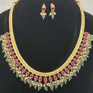 Jadau Kundan Necklace Set with Pearl & Emerald Drops | Elegant Indian Jewelry Set with Earrings | Traditional Ethnic Bridal Jewelry