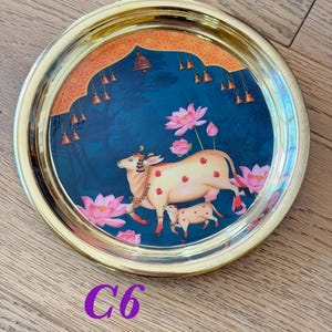 6” Handmade Brass Pooja Thali USA | Pichwai Cow Art | Indian Puja Plate | Diwali Gift | Wedding Return Gift Bulk C6