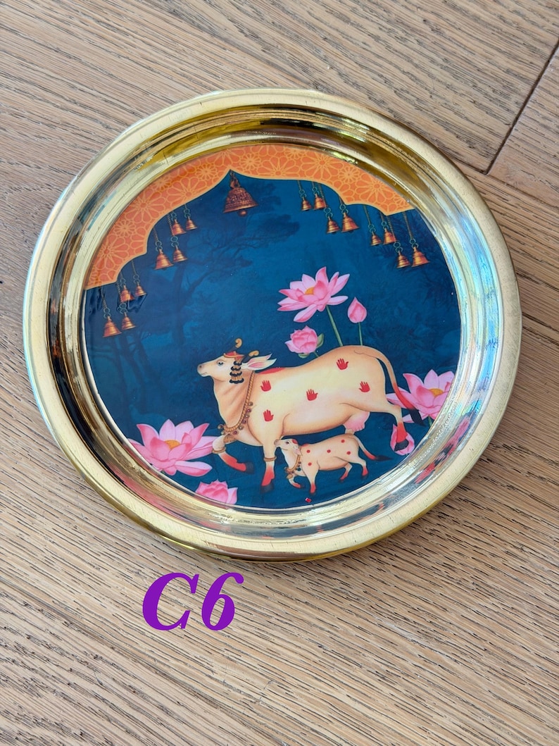6” Handmade Brass Pooja Thali USA | Pichwai Cow Art | Indian Puja Plate | Diwali Gift | Wedding Return Gift Bulk C6