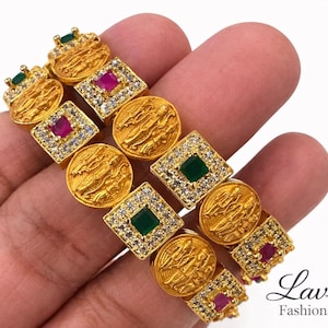 2.2 Size Ethnic Gold Bangles Set: Ruby, Emerald, Diamond Accents