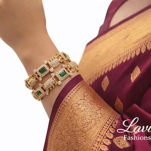Green Stone Bangles | CZ Gold Finish Indian Bracelets | Temple Jewelry | Ethnic Bangles | Lavi Fashions