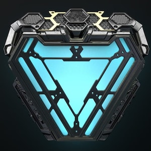 May include: A futuristic, triangular device with a glowing blue core. The device has a black metal frame with intricate geometric patterns and gold accents. The top features a honeycomb design and hexagonal details, creating a high-tech aesthetic.