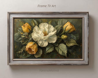 Samsung Frame TV Art, Abstract Impasto White Flowers Art, Vintage Oil Painting, Digital Download