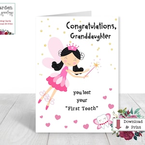 Carte imprimable fée des dents, félicitations petite-fille, vous avez perdu votre première dent, perte de dents, dents tremblantes, téléchargement numérique instantané