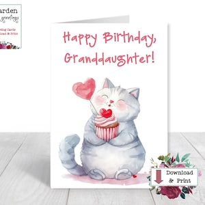 Kleindochter verjaardagskaart - afdrukbare verjaardagskaart voor kleindochter - digitale downloadkaart met een kat, cupcake en hartballon