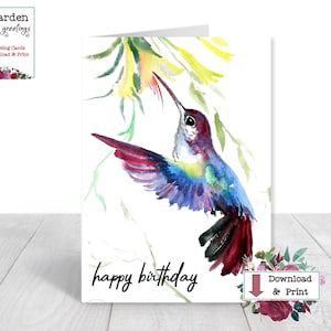 Kolibri Geburtstagskarte, druckbare Karte für sie, hübsche Aquarellblumen und Hummer, einfach zu drucken, sofortiger digitaler Download