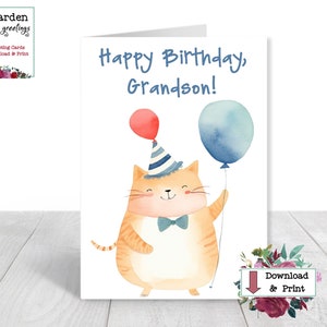 Carte d'anniversaire petit-fils - carte d'anniversaire numérique pour petit-fils - carte imprimable pour petit-fils - carte amusante avec un chat, un chapeau de fête et un ballon