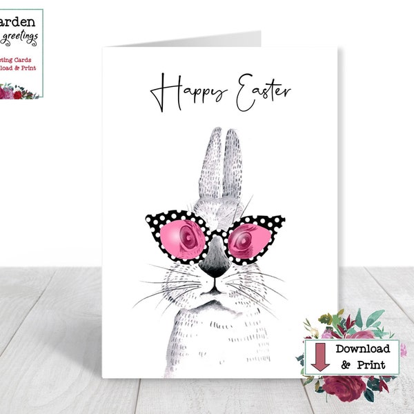 Digital Easter Card, Sassy Bunny Friend with Polka Dot Glasses, Printable Easter Card, EASY Digital Download, Print as many as you like