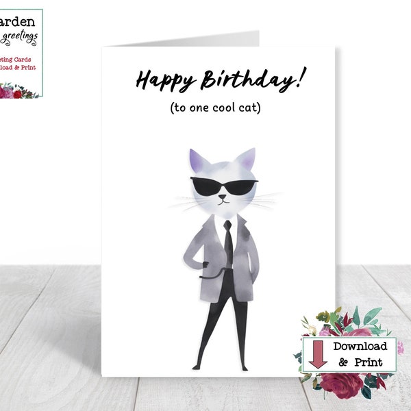 Cat Birthday Card - DIGITAL Download - Happy Birthday to one Cool Cat Card - Male Birthday Card - Printable Happy Birthday Card - Funny Card