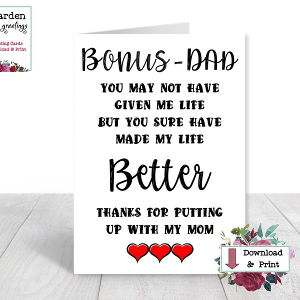 Bonus Dad Fathers Day Card for Step Daddy Printable Card Instant Digital Download FUN and Perfect Card from the kids FREE Envelope Template