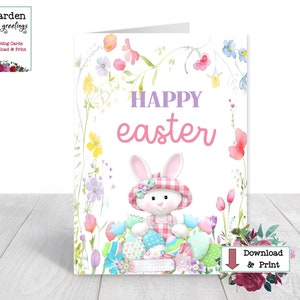 Osterkarte für Kinder - DIGITALE Karte - Druckbare Osterkarte für Kind, Enkelkind - Hase, Frühlingsblumen und Ostereier - Herunterladen und ausdrucken