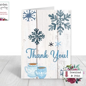 Printable Thank You Card, Winter Snowflakes, Tea Cup, Shiplap Watercolor, Download & Print, A7, 5x7, Greeting Card, Instant Digital Download