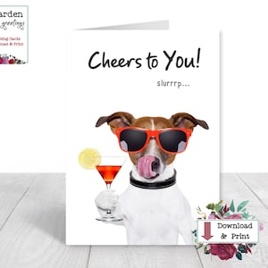 Carte de vœux mettant en vedette un chien avec un martini - carte numérique - carte de félicitations drôle imprimable - carte d'alcool d'anniversaire - à votre santé Dawg