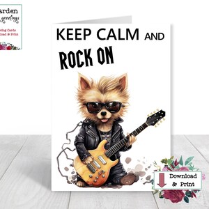 Keep Calm and Rock On Karte, lustige druckbare Karte, KOSTENLOSES JPG-Bild als Text, E-Mail oder Post in sozialen Medien, einfaches Herunterladen und Drucken der Grußkarte