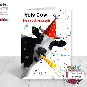 印刷可能な牛の誕生日カード、聖なる牛、誕生日おめでとう、牛農家の誕生日グリーティングカード、インスタントデジタルダウンロード無料封筒テンプレート