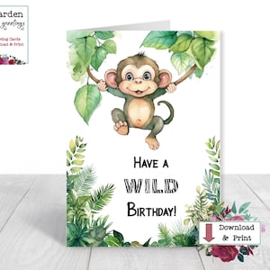 Wild Birthday Card - DIGITAL Download - Printable Birthday Card - Monkey Birthday Card - Jungle Birthday Card for Kids - Safari Party FUN