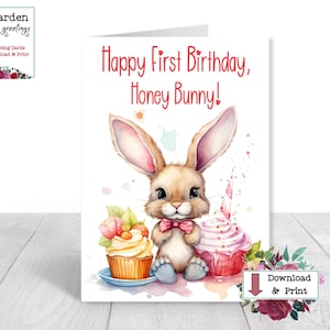 First Birthday Card, Printable Birthday Card, Bunny Birthday Card, Granddaughter Birthday Card, Happy Birthday Honey Bunny, DIGITAL Card