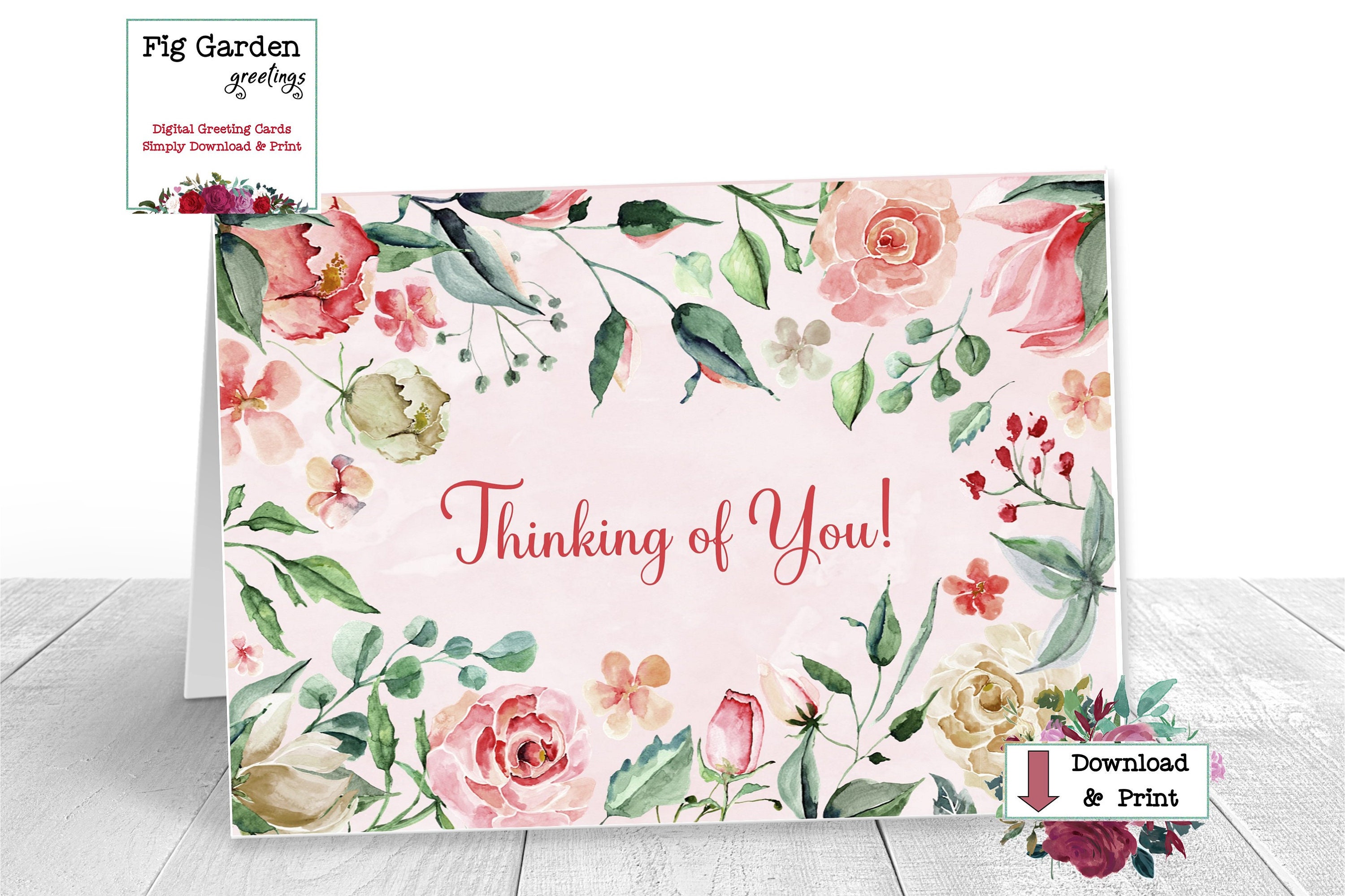 Printable Thinking of You Card for Her, Watercolor Pink Roses, Floral ...
