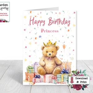 Cartão de aniversário de princesa - Download DIGITAL - Cartão de aniversário infantil para impressão com uma princesa ursa, presentes e confetes em aquarelas divertidas
