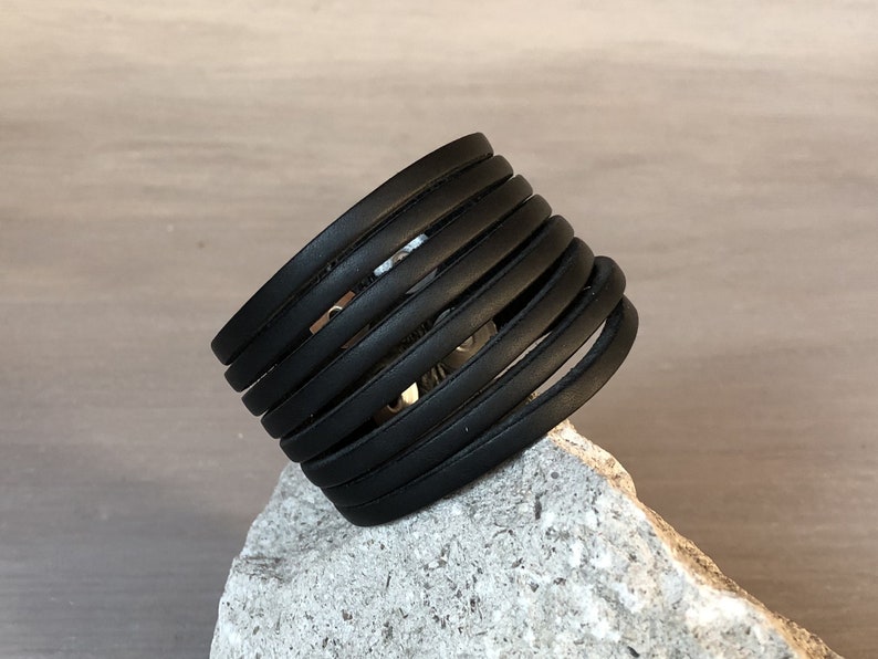 Made in Italy Full Grain Leather Section Cut Bracelet Black Leather Wide Multi Cut Bracelet for Men and Women Solid Brass Hardware