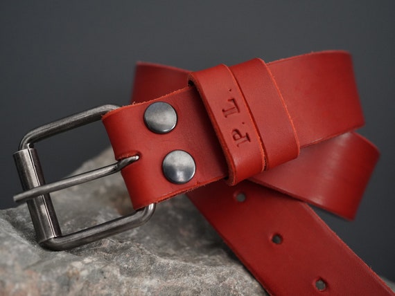 Custom Red Leather Belt With Initials Engraving Burnished 