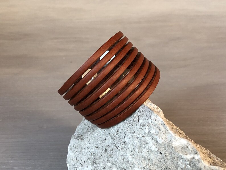 Made in Italy Full Grain Leather Section Cut Bracelet Black Leather Wide Multi Cut Bracelet for Men and Women Solid Brass Hardware