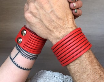 Red Leather Wide Multi Cut Bracelet for Men and Women, Full Grain Leather Section Cut Bracelet, Solid Brass Hardware, Made in Italy Bracelet