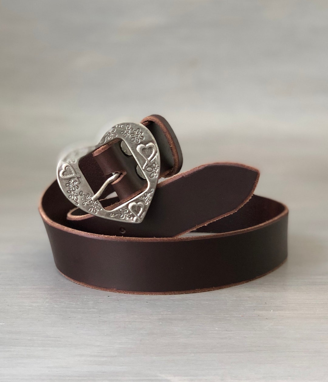 Womens Belt in Brown Leather With Aged Silver Heart Shaped Buckle ...