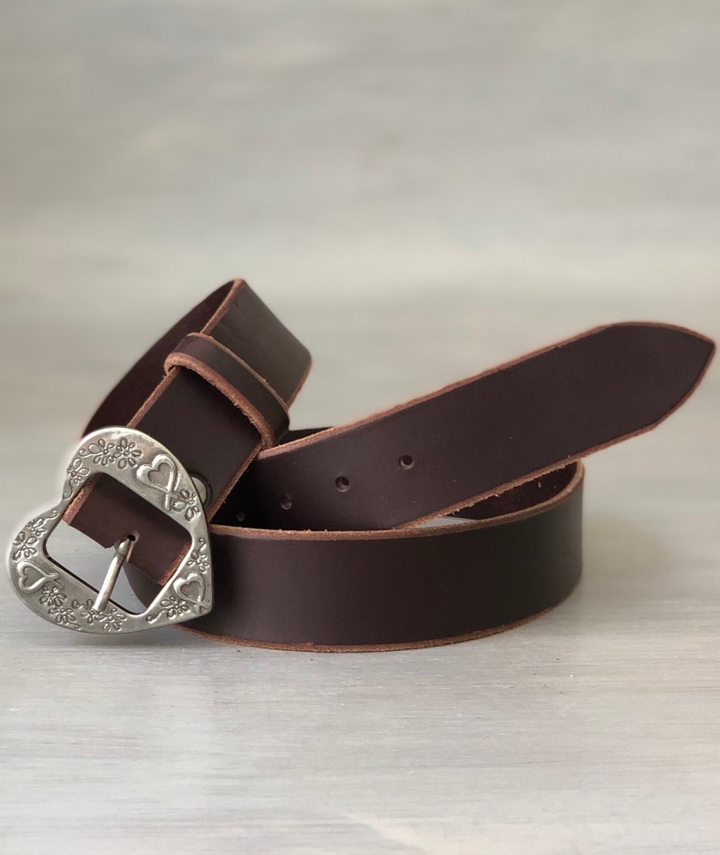 Womens Belt in Brown Leather With Aged Silver Heart Shaped - Etsy