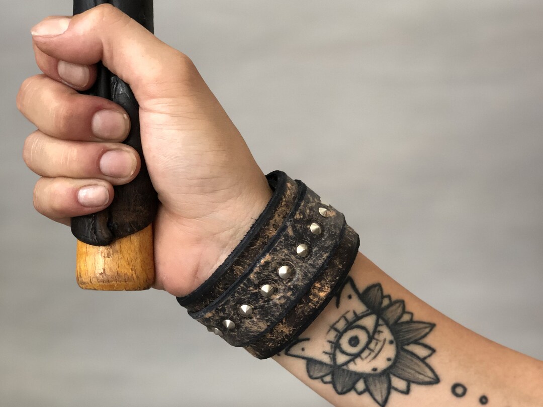 Studded Cuff Bracelet in Vintage Black Effect Leather, Full Grain Leather Design Bracelet, Made