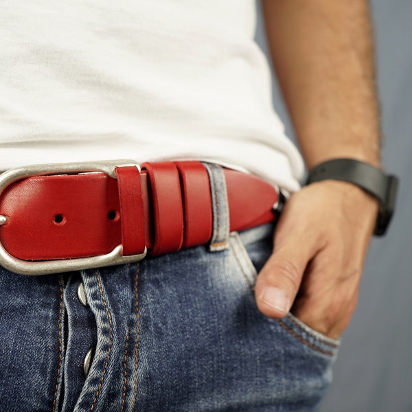 Red Leather Belt with Aged Silver Effect Finish Buckle, Men's and Women's Wide Leather Belt, Handmade in Italy with Full Grain Leather